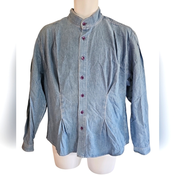 International Male Mens Denim Banded Collar Shirt Pleated Front 90s Retro Small - Picture 2 of 7
